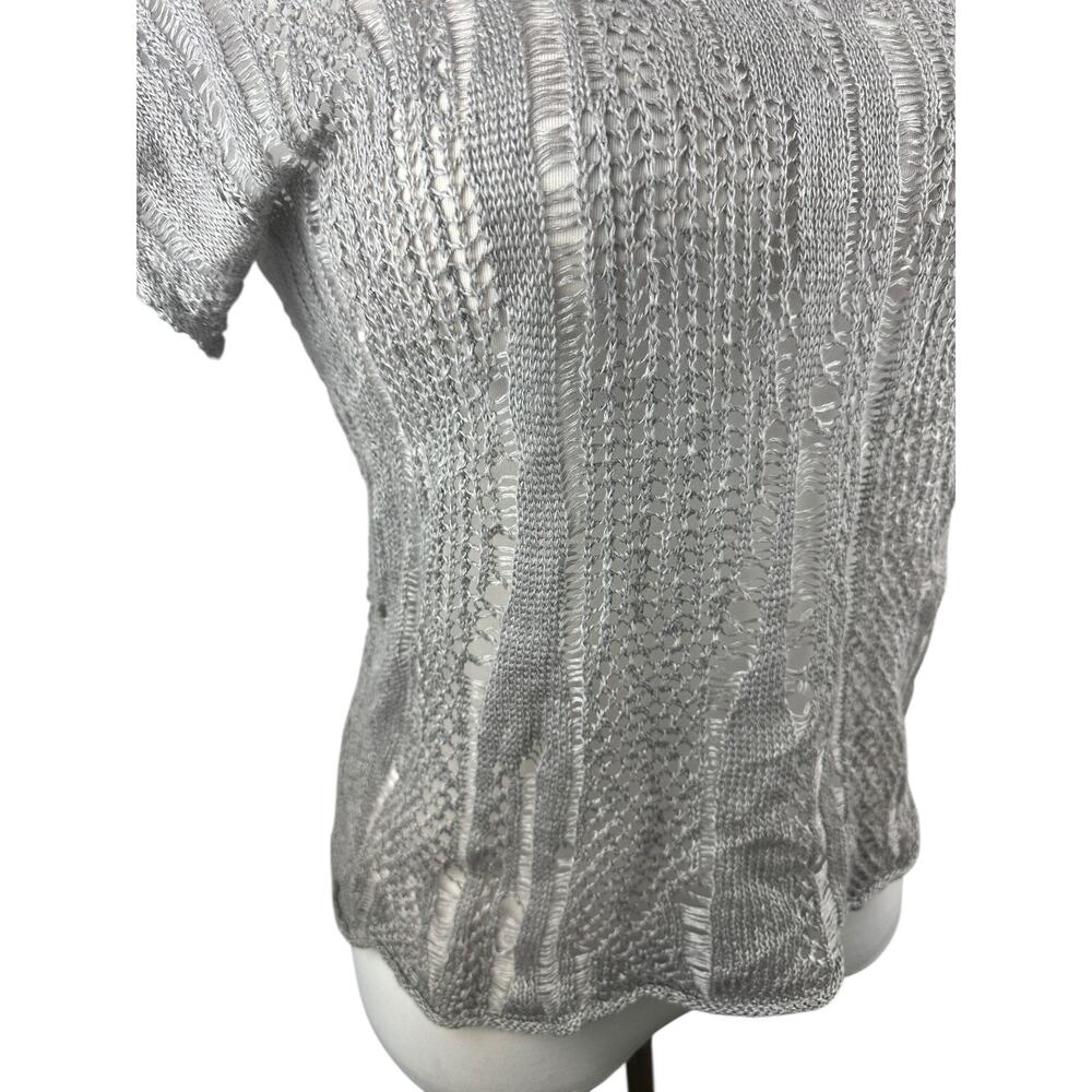 Eileen Fisher Open Knit V-Neck Short Sleeve Sweater Linen Metallic PP Petite Top - Picture 6 of 16